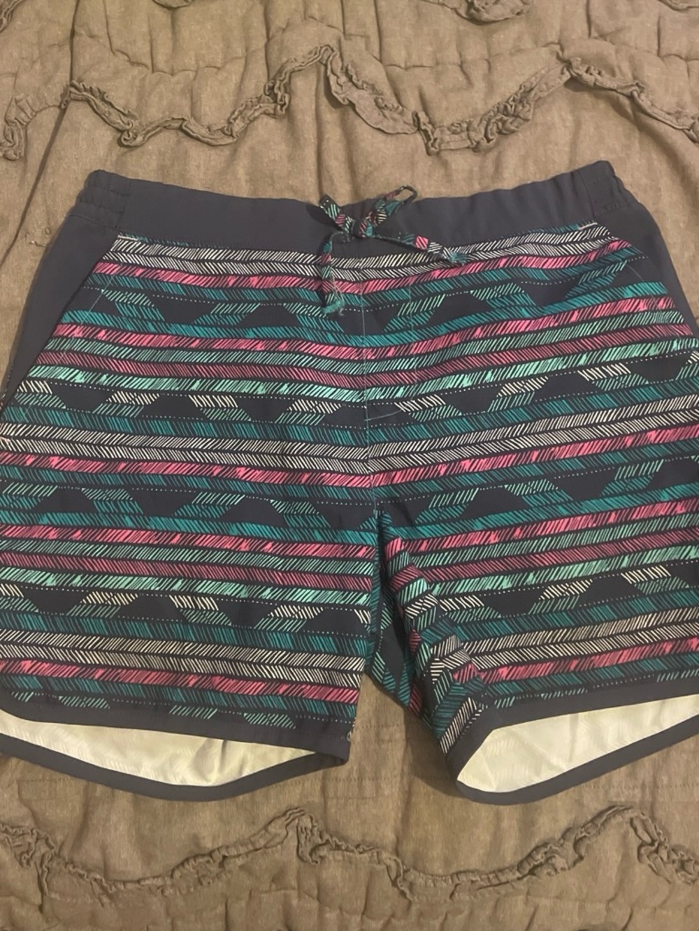 Columbia Kids Navy Swim Trunks with Teal & Pink Stripes